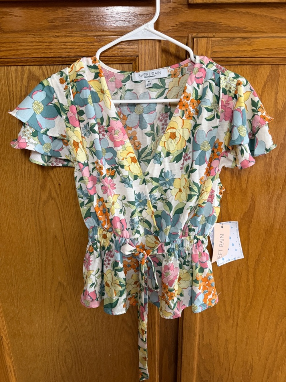 Sweet Rain Multicolor Floral Ruffle-Sleeve Tie-Waist Top
